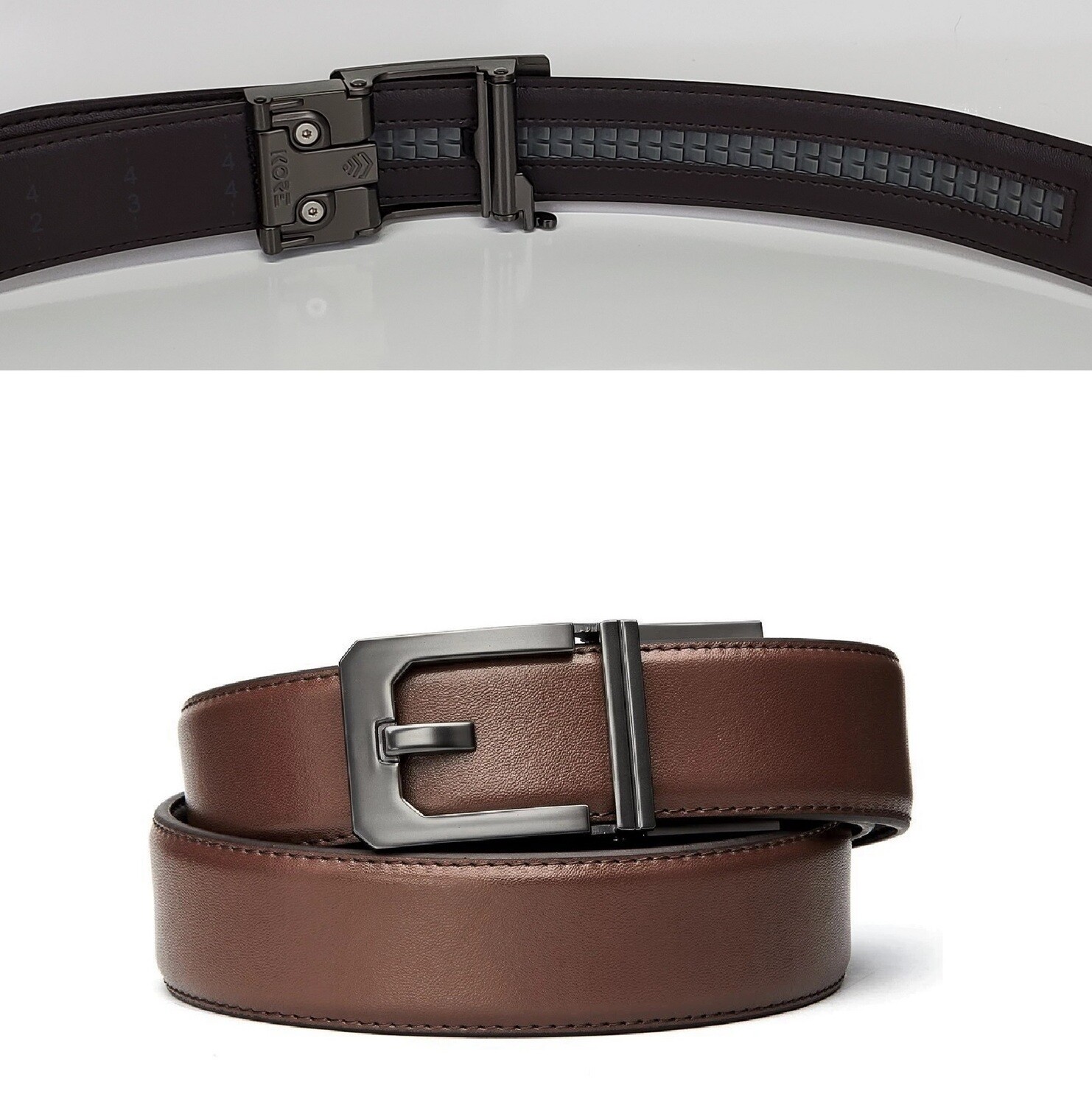 KORE X3 Gunmetal Brown Leather Micro Adjust Belt Size 24"-44"