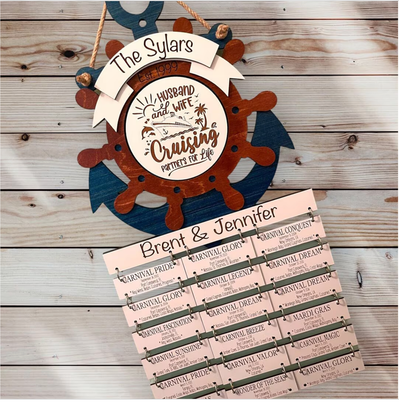 Cruise Ship Anchor &amp; Captains wheel COMBO Cabin Door Decor/ Wall Hanging Cruise History Tracker XXL (3 Column cruise history attachments)