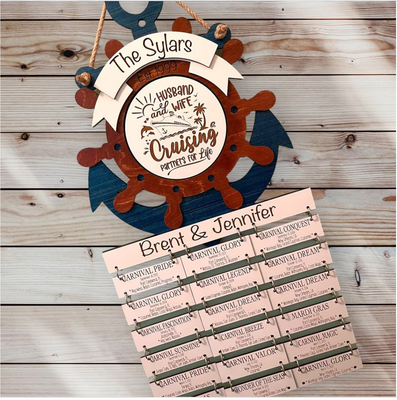 Cruise Ship Anchor &amp; Captains wheel COMBO Cabin Door Decor/ Wall Hanging Cruise History Tracker XXL (3 Column cruise history attachments)