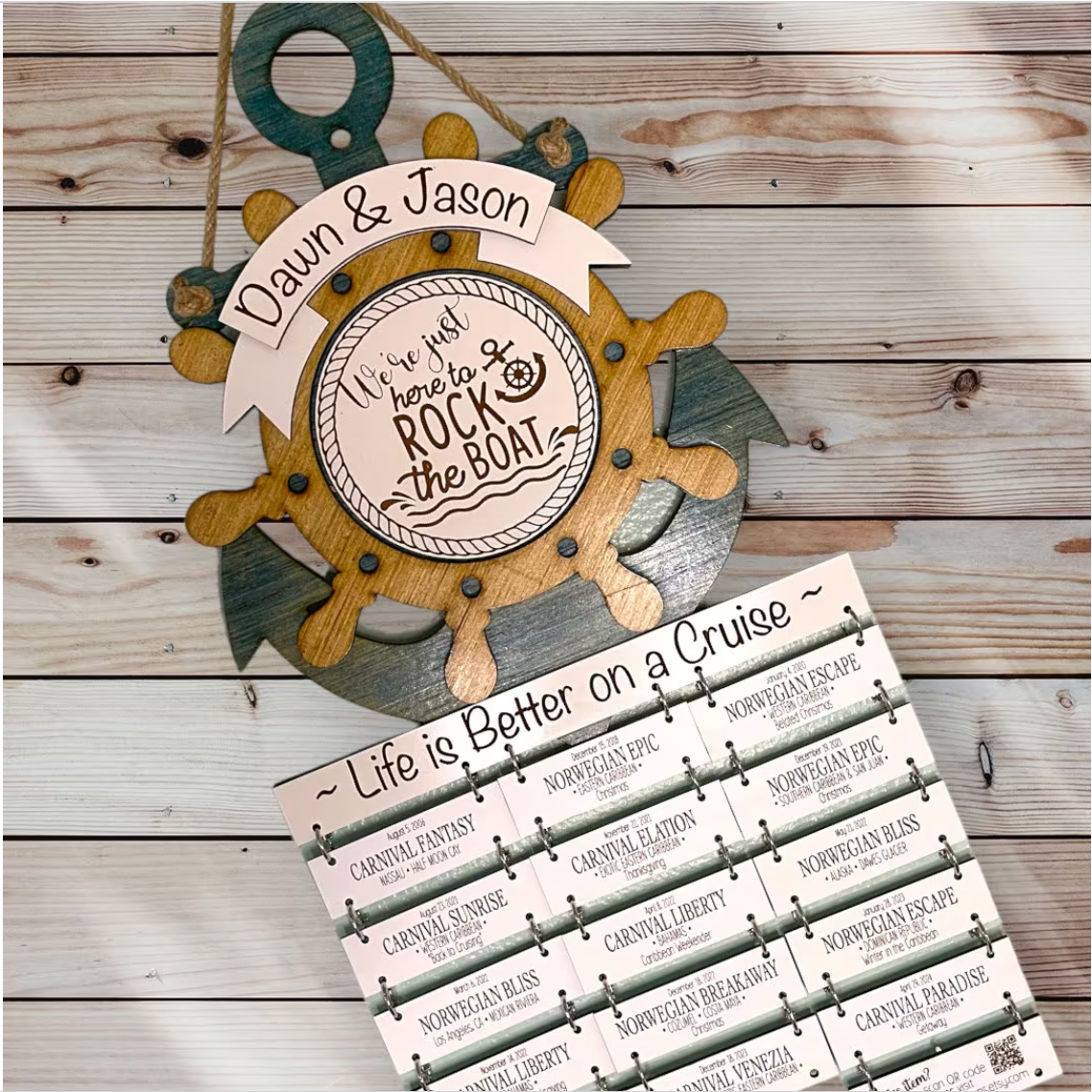 Cruise Ship Anchor &amp; Captains wheel COMBO Cabin Door Decor/ Wall Hanging Cruise History Tracker XXL (3 Column cruise history attachments)