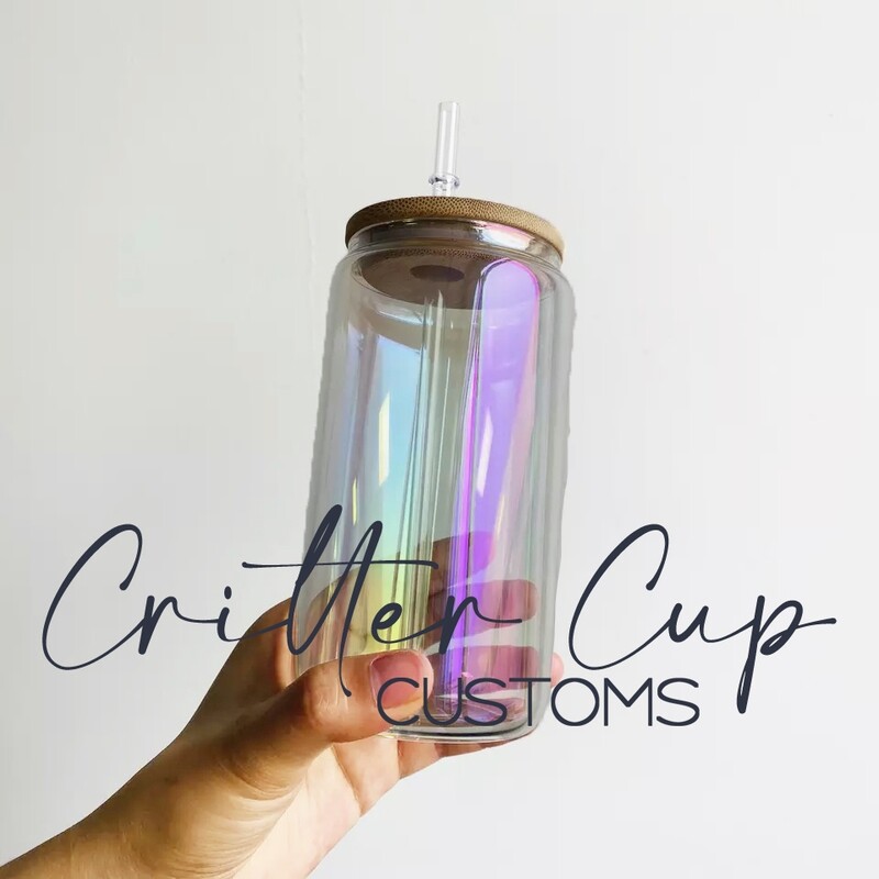 16oz Clear Rainbow Iridescent Sublimation Glass Can