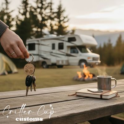 Happy Camper Wood Keychain