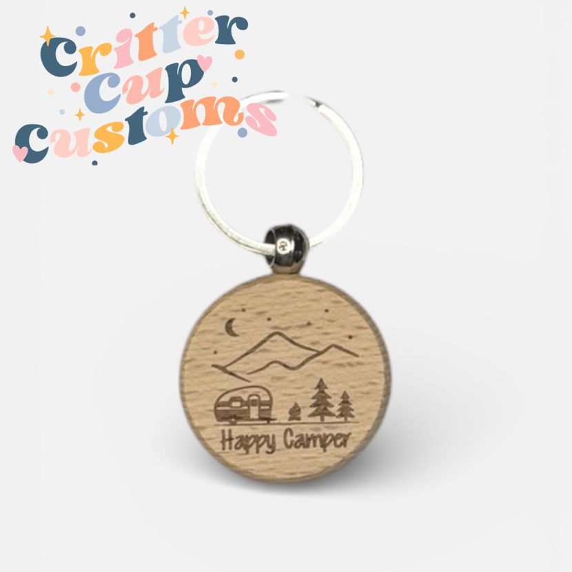 Happy Camper Wood Keychain