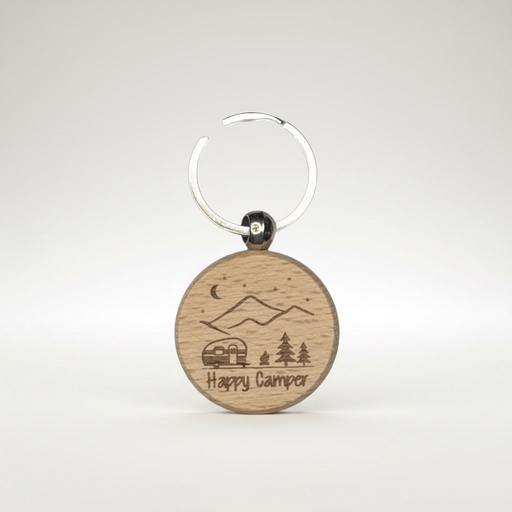 Happy Camper Wood Keychain