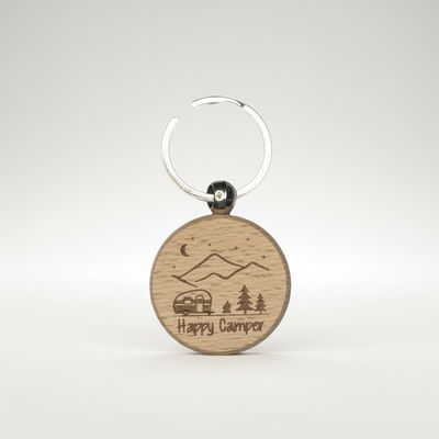 Happy Camper Wood Keychain