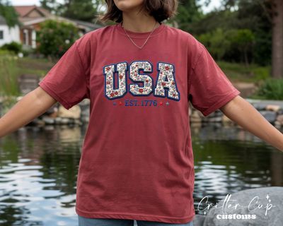 Floral USA Faux Embroidery T-shirt