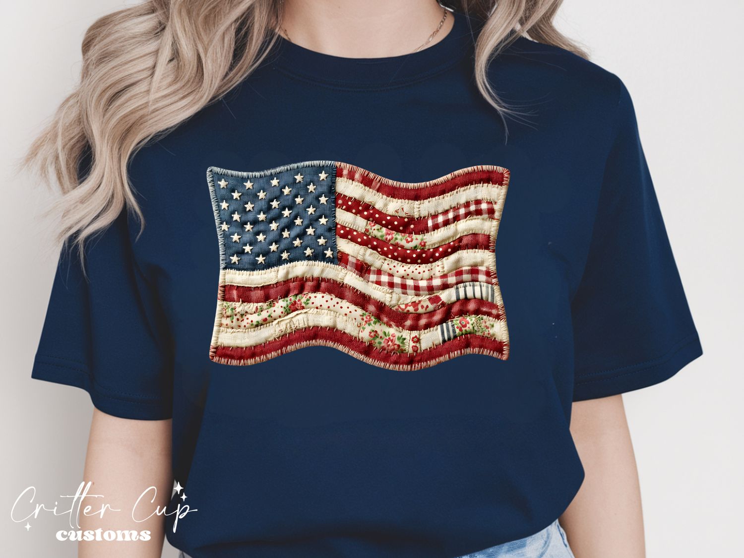Patchwork Quilted Flag Line Art T-shirt