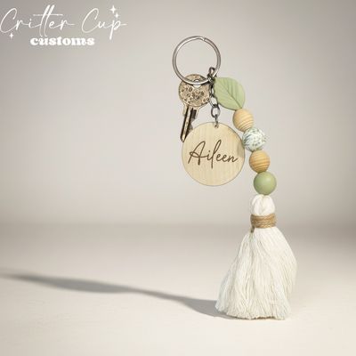 Personalized Beaded Greenery Keychain, Beaded Boho Bag Tag