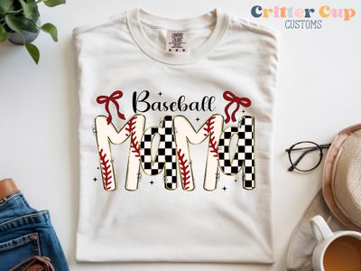 Checkered Doodle Letter Baseball Mama T-Shirt