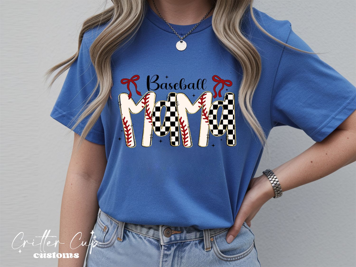 Checkered Doodle Letter Baseball Mama T-Shirt