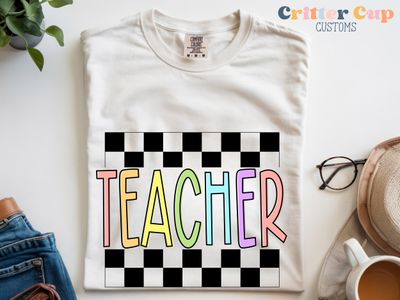 Pastel Rainbow &amp; Checkered Teacher T-shirt