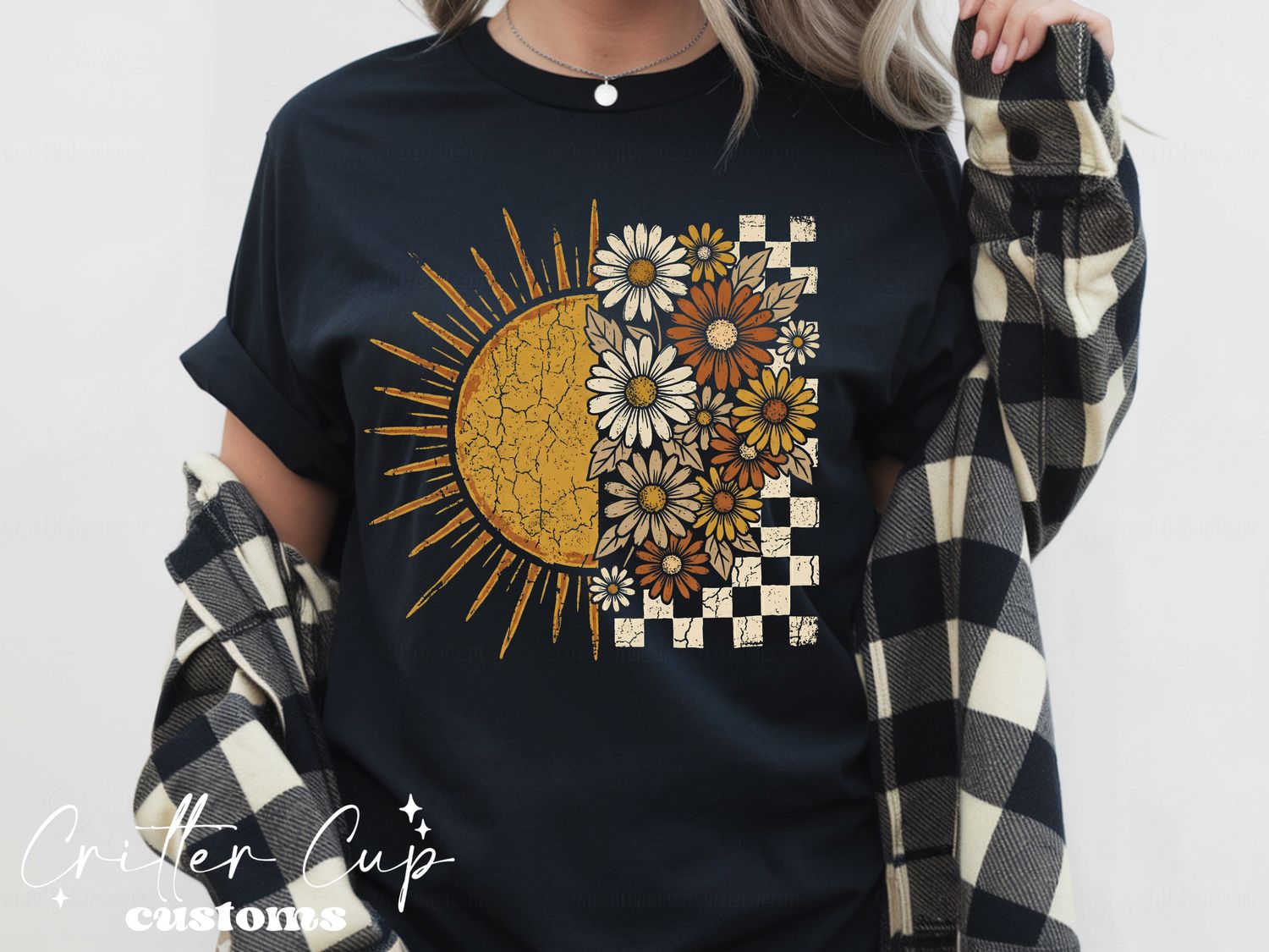 Retro Checkered Sunshine &amp; Daisy Floral T-Shirt