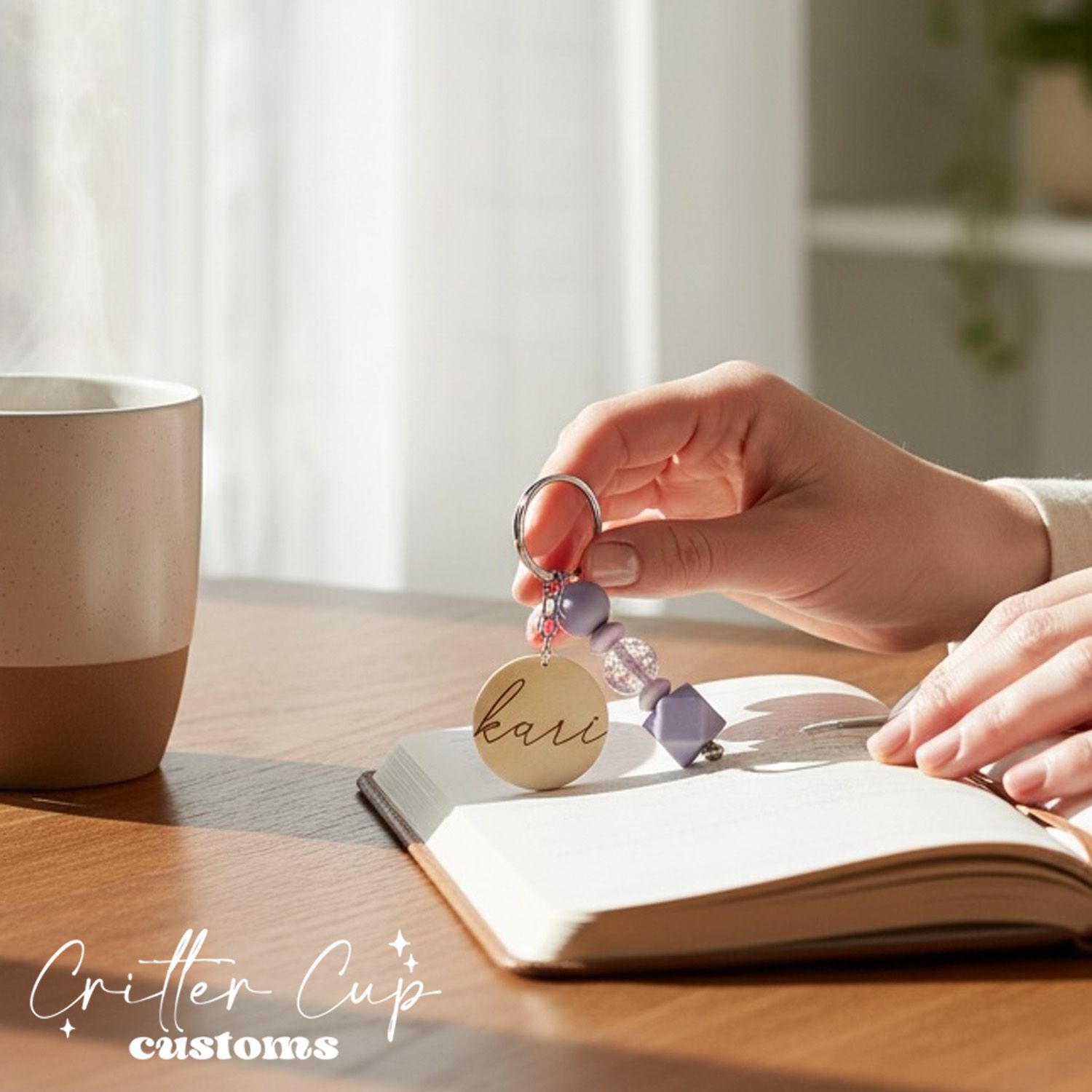 Personlized Lavender Beaded Key Chain, Key Charm, Bag Tag