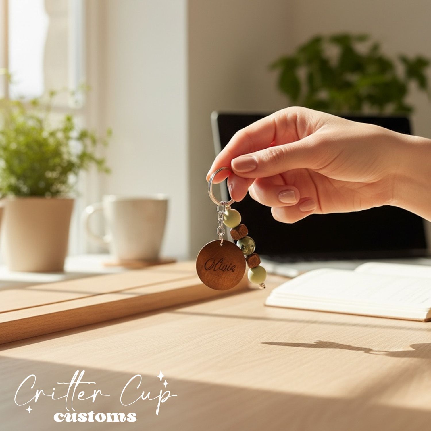 Personlized Camo &amp; Wood Beaded Key Chain, Key Charm, Bag Tag