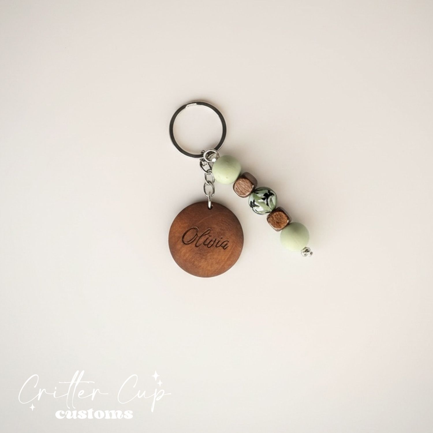 Personlized Camo &amp; Wood Beaded Key Chain, Key Charm, Bag Tag