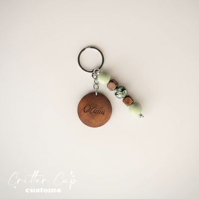 Personlized Camo &amp; Wood Beaded Key Chain, Key Charm, Bag Tag