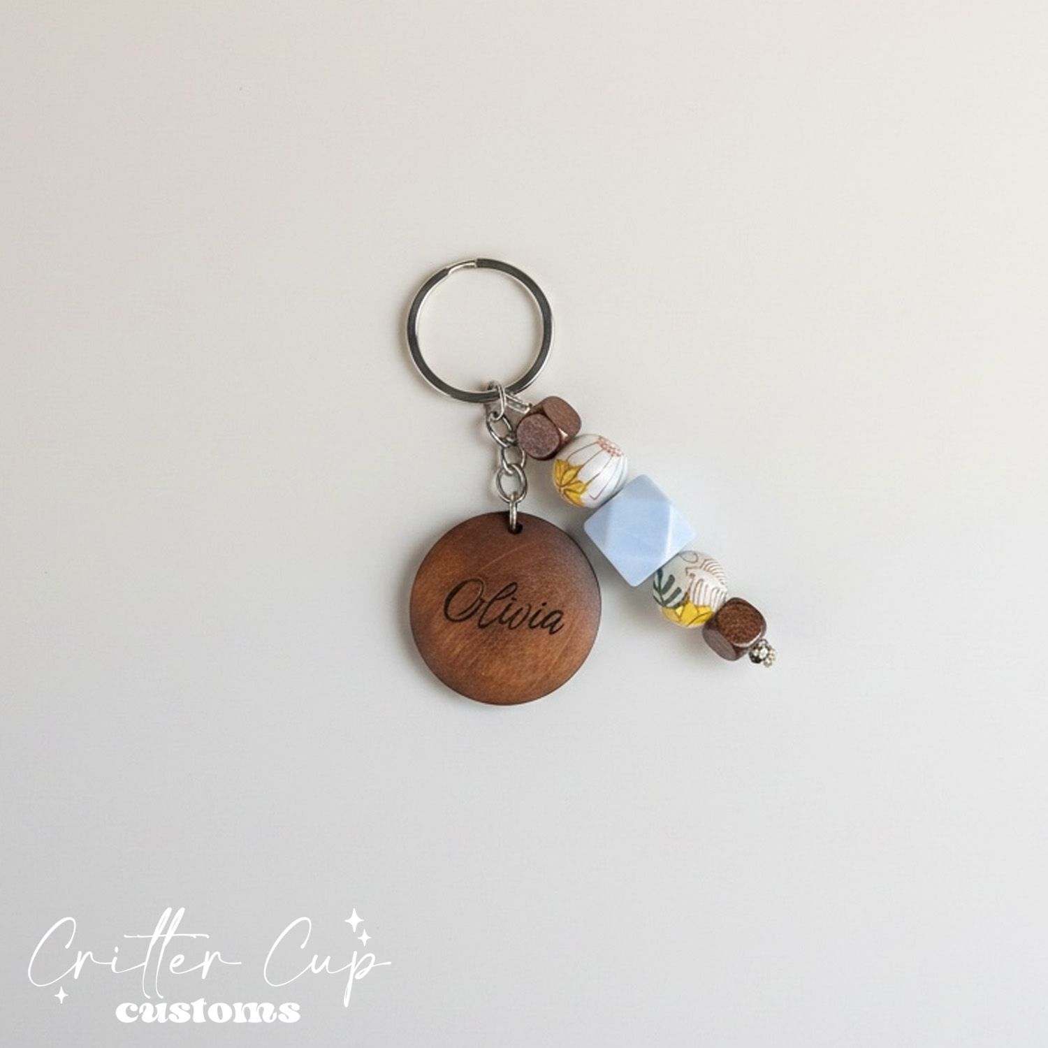 Personlized Blue Floral Boho Beaded Key Chain, Key Charm, Bag Tag
