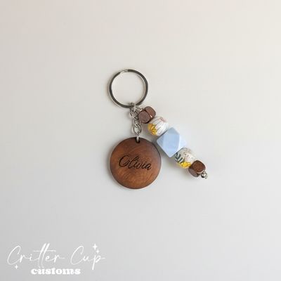 Personlized Blue Floral Boho Beaded Key Chain, Key Charm, Bag Tag