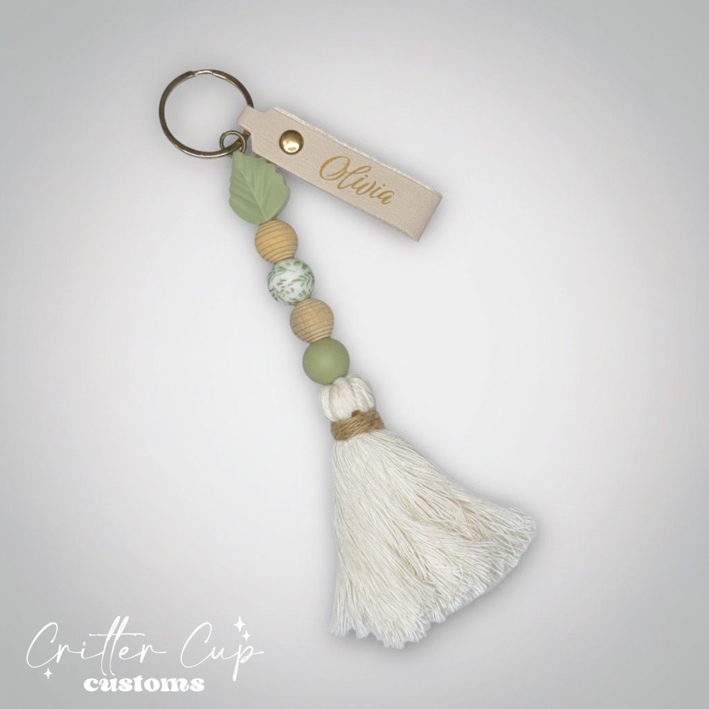 Personlized Leatherette Greenery Beaded Keychain, Key Charm, Bag Tag