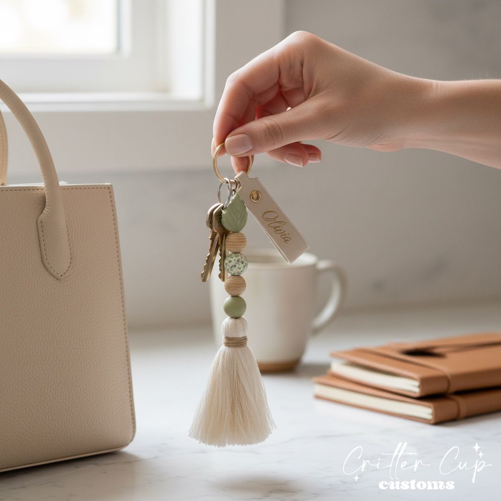 Personlized Leatherette Greenery Beaded Keychain, Key Charm, Bag Tag