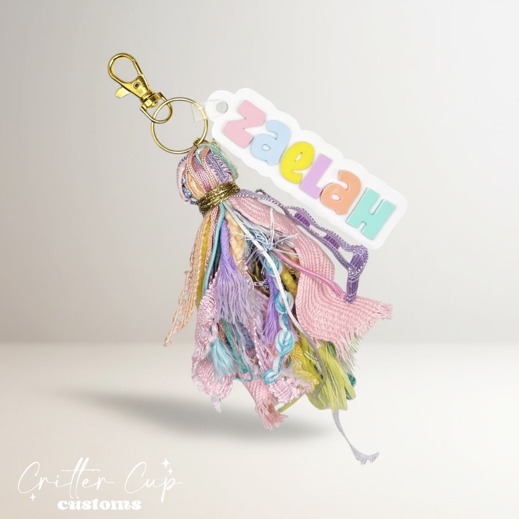 Personalized Pastel Keychain, Rainbow Name Bag Tag, Ribbon Tassel