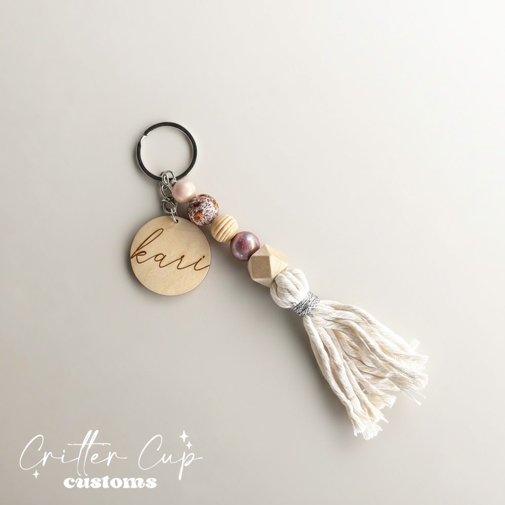 Personlized Wood Mauve Floral Beaded Keychain, Key Charm, Bag Tag