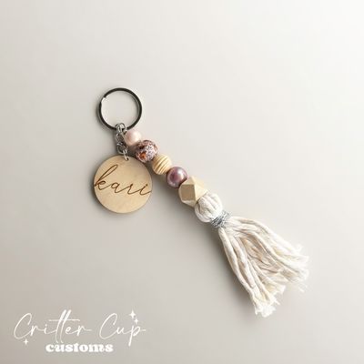 Personlized Wood Mauve Floral Beaded Keychain, Key Charm, Bag Tag