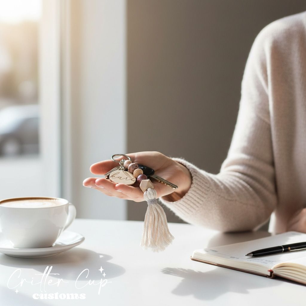 Personlized Wood Mauve Floral Beaded Keychain, Key Charm, Bag Tag