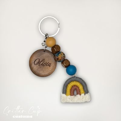 Personlized Beaded Macrame Rainbow Keychain, Key Charm, Bag Tag