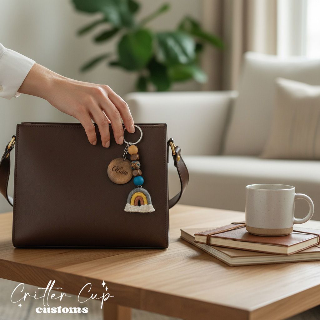 Personlized Beaded Macrame Rainbow Keychain, Key Charm, Bag Tag