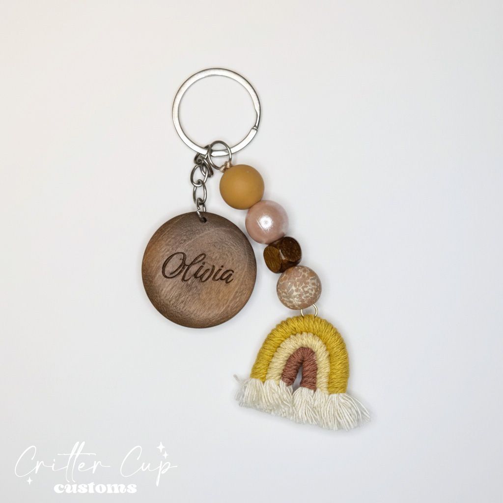 Personlized Floral Beaded Macrame Rainbow Keychain, Key Charm, Bag Tag
