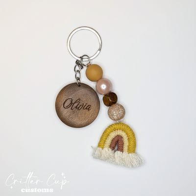 Personlized Floral Beaded Macrame Rainbow Keychain, Key Charm, Bag Tag