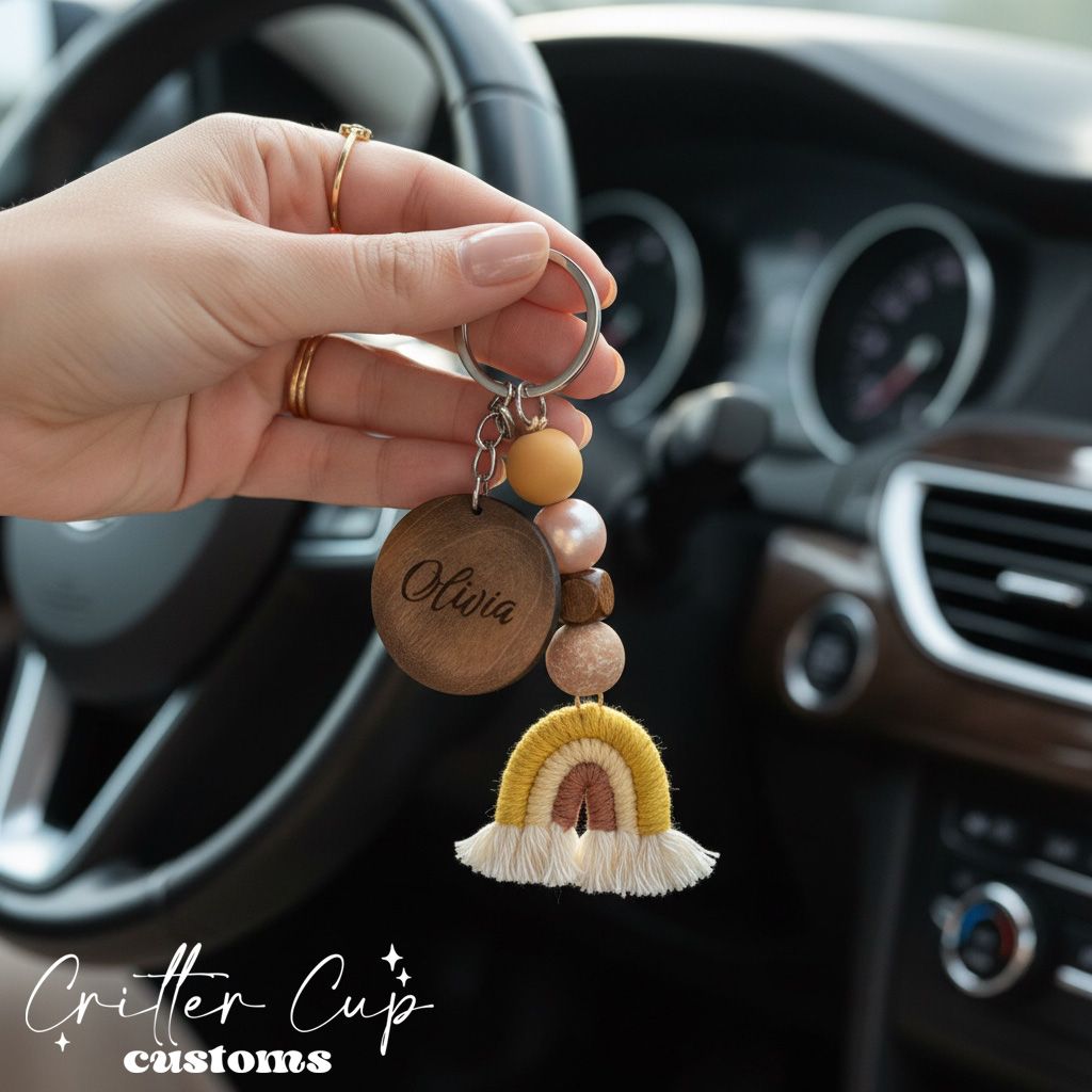 Personlized Floral Beaded Macrame Rainbow Keychain, Key Charm, Bag Tag