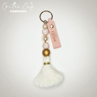 Personlized Leatherette Pink Marbled Beaded Keychain, Key Charm, Bag Tag