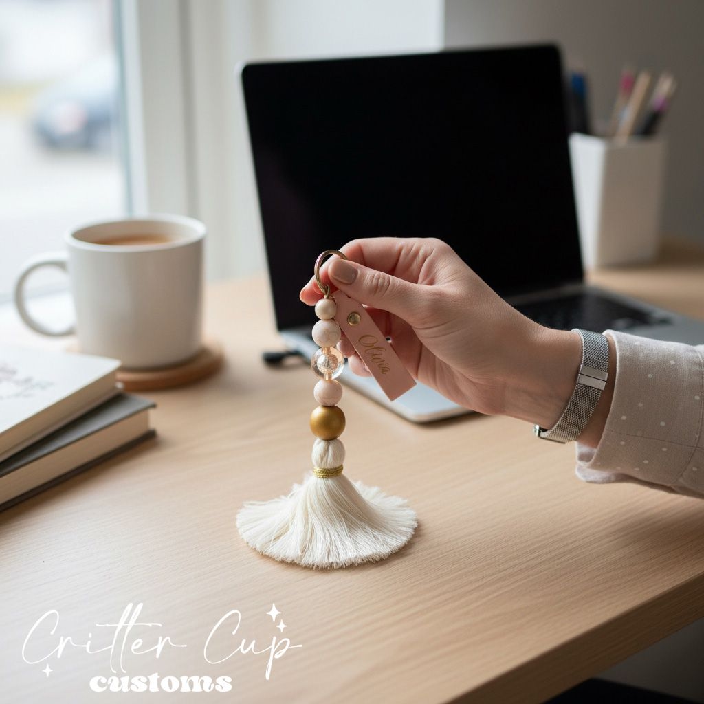 Personlized Leatherette Pink Marbled Beaded Keychain, Key Charm, Bag Tag