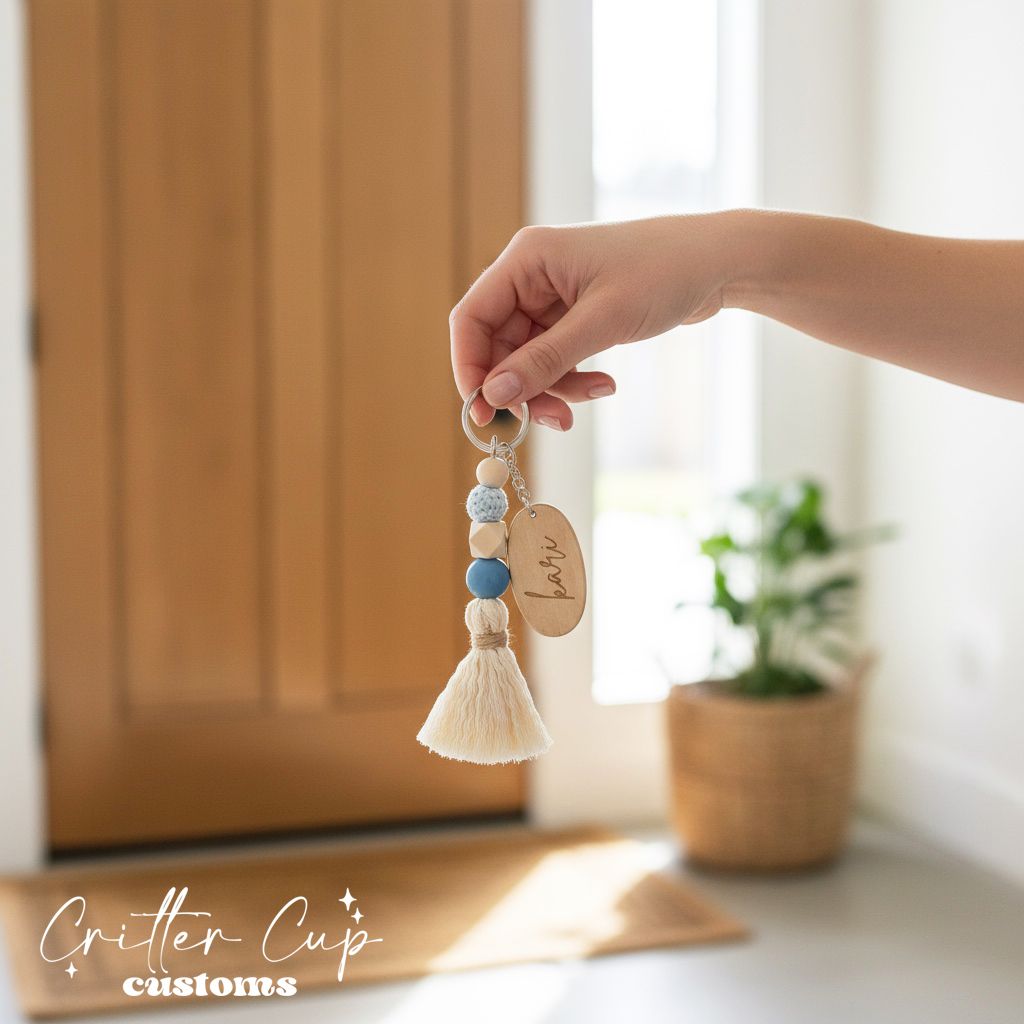 Personlized Wooden Pastel  Beaded Keychain, Key Charm, Bag Tag