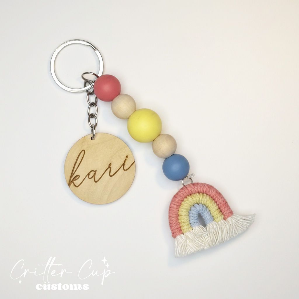 Personlized Pastel Primary Beaded Macrame Rainbow Keychain, Key Charm, Bag Tag