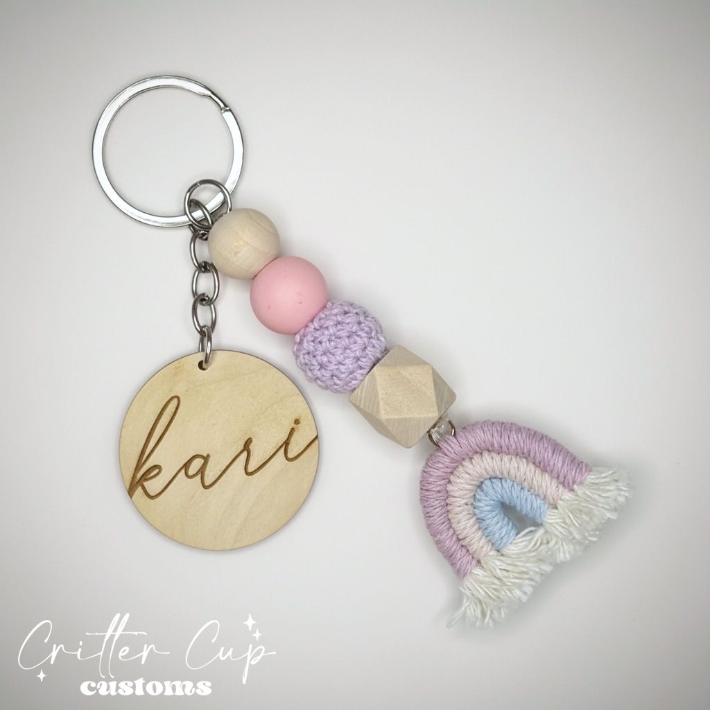 Personlized Pastel Beaded Macrame Rainbow Keychain, Key Charm, Bag Tag