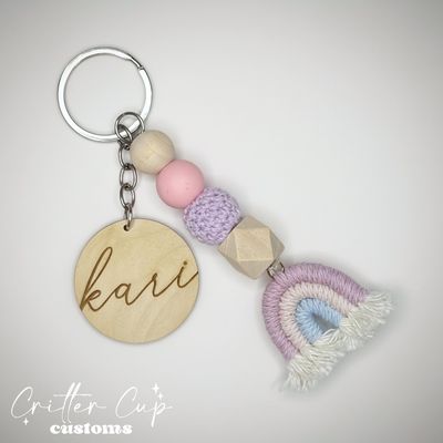 Personlized Pastel Beaded Macrame Rainbow Keychain, Key Charm, Bag Tag