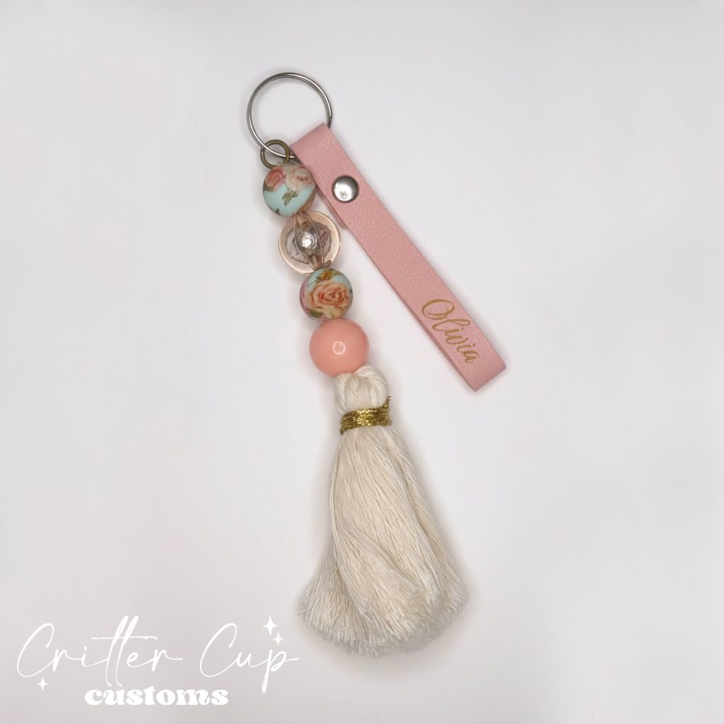 Personlized Shabby Chic Floral Beaded Keychain, Key Charm, Bag Tag