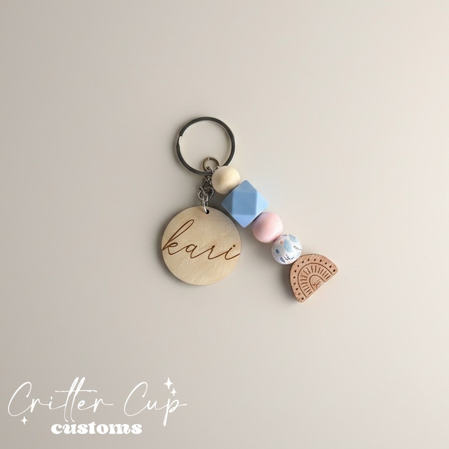 Personlized Wood Rainbow Pastel Beaded Key Chain, Key Charm, Bag Tag
