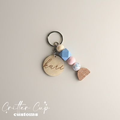 Personlized Wood Rainbow Pastel Beaded Key Chain, Key Charm, Bag Tag