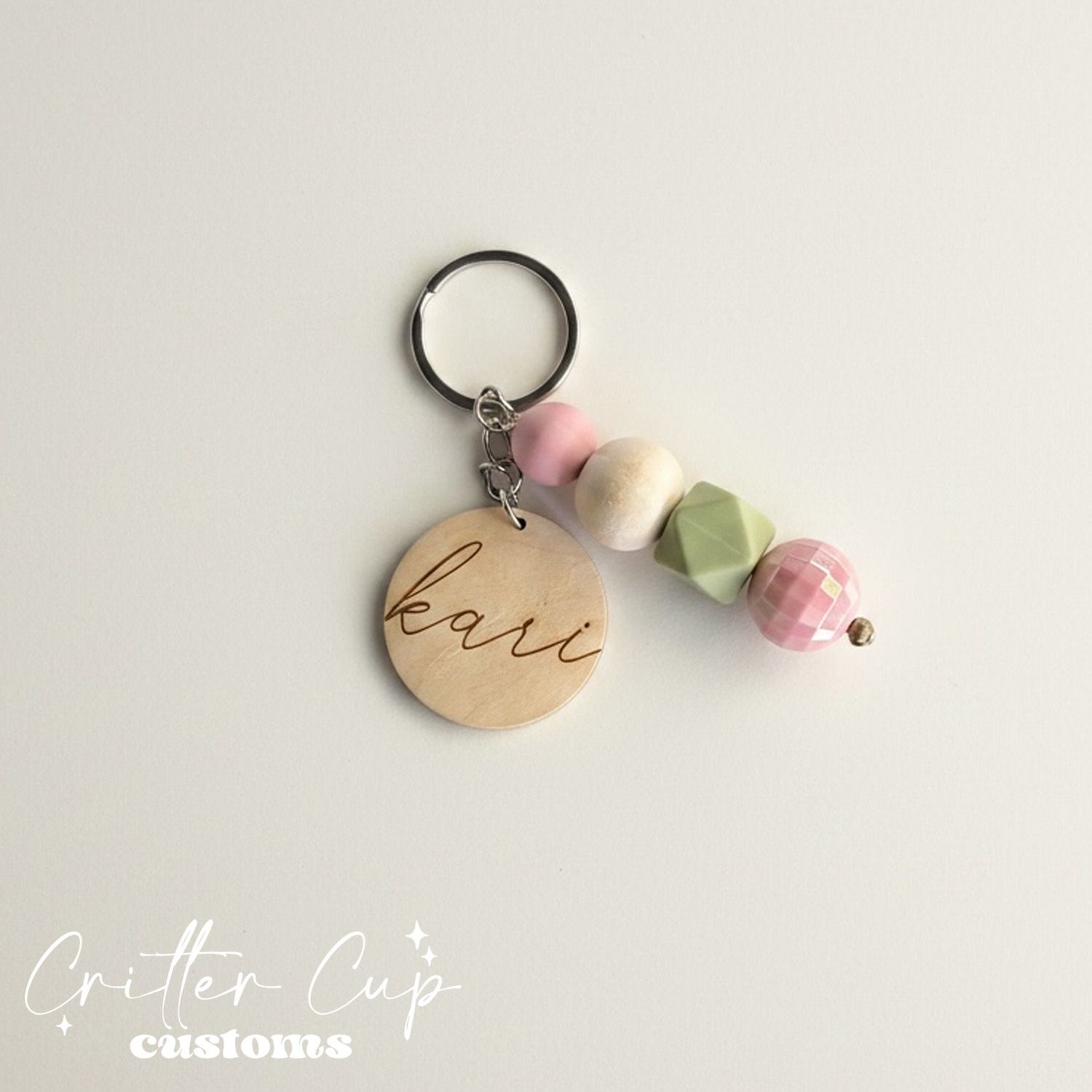Personlized Pink &amp; Green Disco Beaded Key Chain, Key Charm, Bag Tag