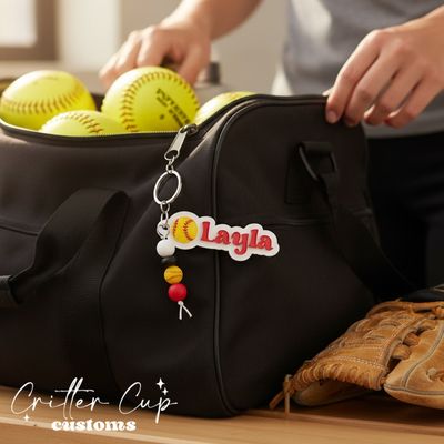 Personalized Softball Bag Tag &amp; Beaded Charm Set