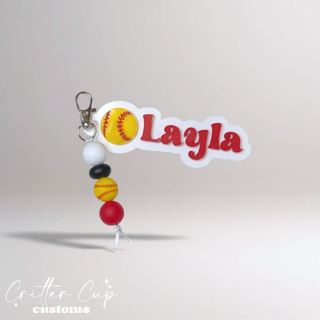 Personalized Softball Bag Tag &amp; Beaded Charm Set