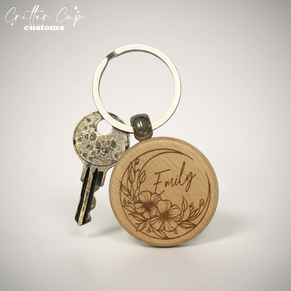 Personalized Wood Floral Moon Keychain