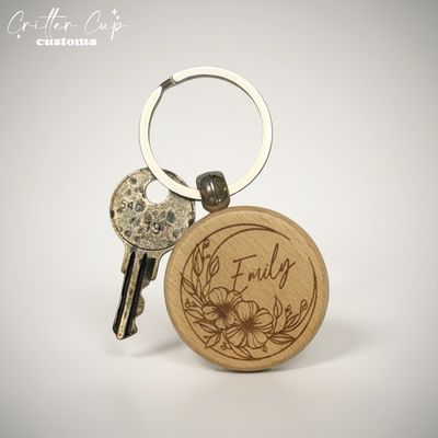 Personalized Wood Floral Moon Keychain
