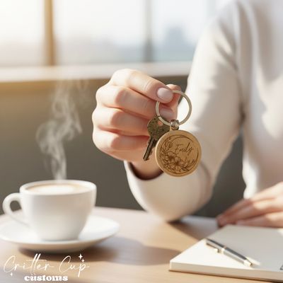 Personalized Wood Floral Moon Keychain