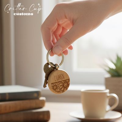 Personalized Wood Floral Engraved  Keychain