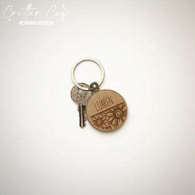 Personalized Wood Floral Engraved  Keychain